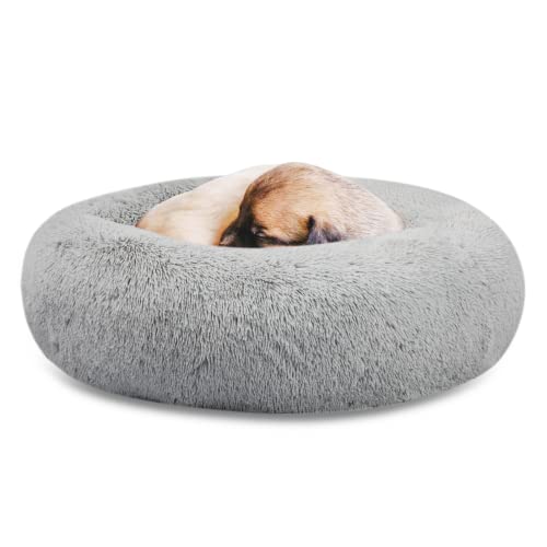 SAVFOX 20 inches Calming Donut Dog Bed - 3X Durable Plush Faux Fur, Machine Washable & Non-Slip, Fits up to 15 lbs, Light Grey - color: Light Grey, size: X-Small | 20"x20"