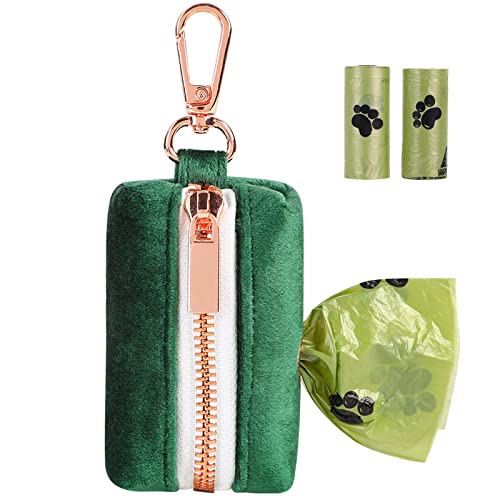 ARING PET Dog Poop Bag Holder, Velvet Doggy Waste Bag Dispenser Attach to Any Leashes, Dark Green Portable Washable Pet Waste Pouch Dispenser with Metal Zipper - color: A:Dark green