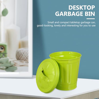 VOSAREA Desk Trash Can with Lid, Iron Metal Wastebasket Small Garbage Bin and Retro Flower Pot for Bathroom Bedroom (4.32 Inch Green) - color: Green