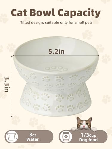 GDCZ Ceramic Tilted Elevated Cat Bowl, for Fat Faced Cat, Kitten (White) | 15° Tilted Elevated Design,5oz Small Meal Capacity,Chin-Friendly Ceramic,Paw Print - color: White