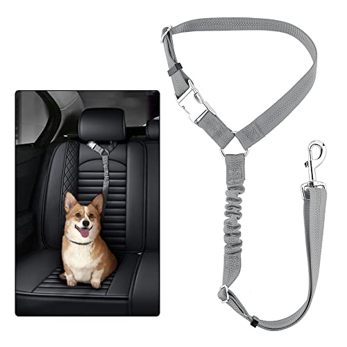 Plutus Pet Dog Seat Belt for Car Headrest, Reflective and Adjustable Restraint with Elastic Bungee for Safety, Vehicle Seatbelt Harness for Small Medium Large Dogs and Cats - color: Gray