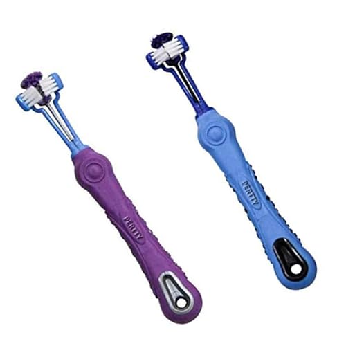 Orgrimmar 2 Pcs 3-Sided Pet Toothbrush Dog Cat Mouth Dental Teeth Care | Pet Brush for Bad Breath Tartar Cleaning - color: Blue&purple
