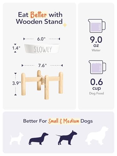LE TAUCI PET Ceramic Elevated Slow Feeder Dog Bowl - 0.6 Cup Puzzle Feeder with Wooden Stand for Small Breeds, White Pet Dish - color: White+Stand, size: S-0.6 Cups