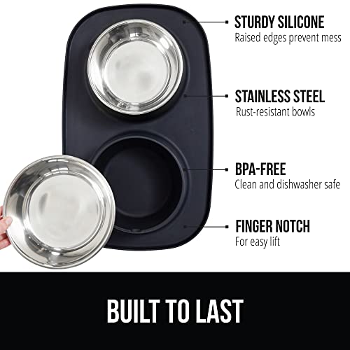 GORILLA GRIP Dog Bowl Set with Slip Resistant Silicone Feeding Mat, 3 Cup, Food Grade 304 Stainless Steel Bowls, BPA Free, High Edge Spill Containment, Dishwasher Safe, Finger Notch Removal, Black - color: Black, size: 3 Cup Bowls