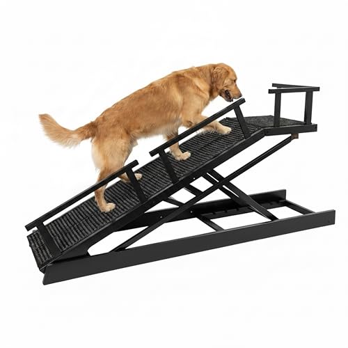 65" Foldable Dog Ramp for Bed, 6-Level Height Adjustable (13"-32.1") with Rest Platform, Carpet Surface Removable Washable Cover & Waterproof Backing, Safety Rails & Glow Strips, for Large Senior Dogs - color: Black - Carpet Style