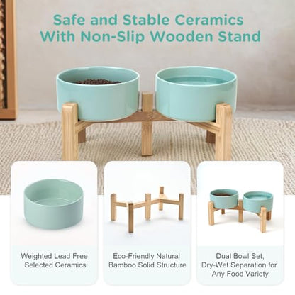 SPUNKYJUNKY Elevated Dog Bowls Ceramic, 6.1'' Dogs and Cat Food Water Bowls Raised with Non-Slip Bamboo Stand for Medium Sized Breed Microwave Dishwasher Safe - 28.7 OZ,Light Green - color: Light Green, size: 6.1 in - 3.6 cups