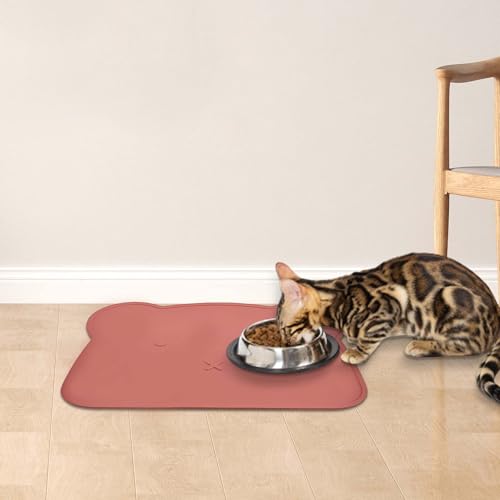 Silicone Waterproof Dog Cat Pet Feeding Mats,Anti Slip Pet Bowl Mats, BPA Free Silicone Pete Feeding Mat Bear Pattern 16In x 12In(Brick red) - color: brick red