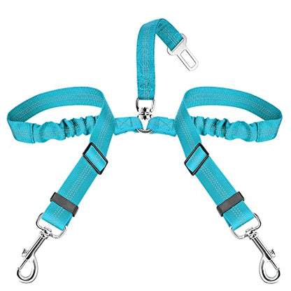 SlowTon Dog Seat Belt, Double Dog Seatbelt Adjustable Vehicle Safety Leash with Elastic Bungee Buffer, Reflective No Tangle Y Shape Two Dog Harness Seat Belt Splitter for Pets Car Trip (Mint Blue, S) - color: C.Mint Blue, size: 2 Small in 1