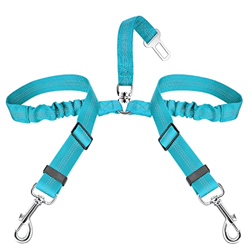 SlowTon Dog Seat Belt, Double Dog Seatbelt Adjustable Vehicle Safety Leash with Elastic Bungee Buffer, Reflective No Tangle Y Shape Two Dog Harness Seat Belt Splitter for Pets Car Trip (Mint Blue, S) - color: C.Mint Blue, size: 2 Small in 1
