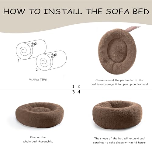 Bunlitent 46'' Donut Dog Bed, Calming Dog Bed for Large Sized Dog, Brown | Plush Anti-Anxiety, Donut Shape, Warming Cozy, Round Cuddler Nest, Soft Cute,Marshmallow Cuddler Nest Pet Bed - color: Brown, size: 46"L x 46"W x 8"Th