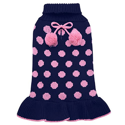 KYEESE Dog Sweaters with Leash Hole Small for Girl Dog Sweater Dress Polka Dot Knit Warm Dogs Clothes with Pom Pom Ball, XS - color: 05# Navyblue, size: X-Small (2-3lbs)