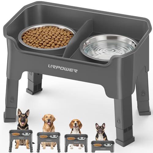 URPOWER Mess Proof Elevated Dog Bowls, High Wall Splash Guard Design, 4 Height Adjustable Raised Bowl Stand, 2 Stainless Steel Bowls, Non-Slip Food Water Set for Small Medium Large Dogs - color: Grey, size: Medium