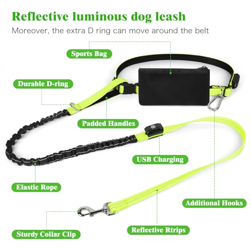 LED Hands Free Dog Leash, Waist Leash for Dog Walking, Retractable Bungee Light Up Dog Leash, LED Handless Dog Running Leash, Reflective Running Leash for Jogging Training Hiking (Green) - color: Green