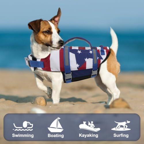 EMUST Dog Life Vests, Adjustable XS Dog Life Jacket with Rescue Handle, Puppy Flotation Vest for Small/Medium/Large Dogs, XS, FlagStar - color: FlagStar, size: XS