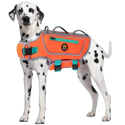 Dog Life Vest for Swimming, High Flotation Dog Life Jacket for Large Dogs Good Visibility Reflective Puppy Floating Vest, Adjustable Neoprene Pet Swimsuit with Rescue Handle, Orange, L - color: Orange, size: Large