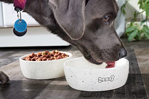 Pearhead Ceramic Dog Bowl – “Woof” Speckled Pet Food & Water Dish, Durable Stoneware, Non-Slip Heavy Base, 20 oz, Medium - color: White "Woof" Bowl, size: Medium
