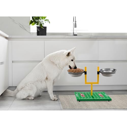 NCAA Oklahoma Sooners Goalpost Football Field Dog Feeder – Adjustable Elevated Dog Bowls with Stand, 2 Stainless Steel Bowls, Non-Slip Rubber Feet, Raised Pet Feeder for Large & Small Dogs