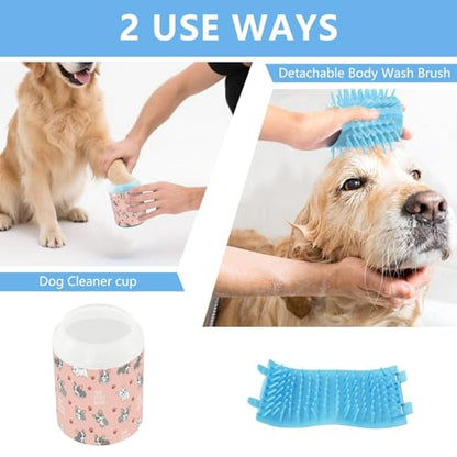 Cute Animals Puppies Pink Pattern Dog Paw Cleaner Cup with Soft Silicone Brush, Small Portable Lightweight Muddy Paw Washer for Dogs, Easy to Use Pet Foot Cleaner