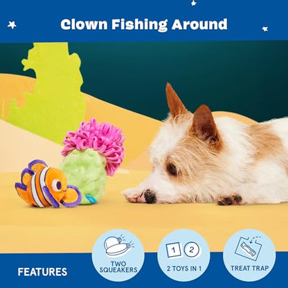 Barkbox Clown Fishing Around Plush Toy for Small Dogs – 2-Part Squeaky Toy with Treat-Hiding Fun – Perfect for Interactive Play and Mental Stimulation - color: Clown Fishing Around-Small