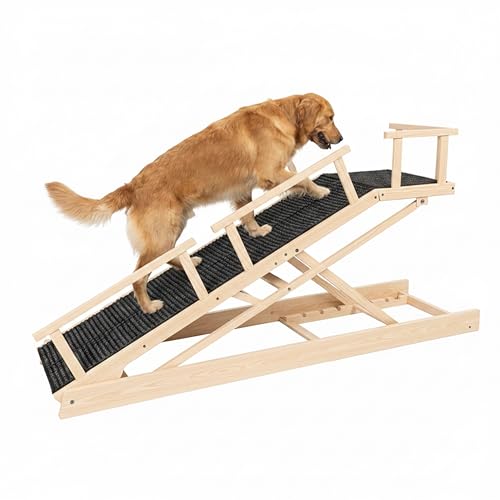 65" Foldable Dog Ramp for Bed, 6-Level Height Adjustable (13"-32.1") with Rest Platform, Carpet Surface Removable Washable Cover & Waterproof Backing, Safety Rails & Glow Strips, for Large Senior Dogs - color: Wood Color - Carpet Style