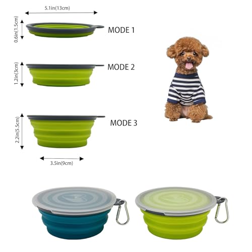 Small Collapsible Dog Bowl 12oz,2 Pack Portable and Foldable Pet Travel Bowls with 2 Carabiners & Lids for Dogs Cats and Small Animals (Blue+Green+Grey, 350ml)