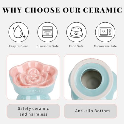 S&Q's CERAMICS Raised Slow Feeder Cat Bowl, Ceramic Elevated and Titled Glass Food Bowl Small Dogs Slow Feeder, Flower Shaped Cute Cat Dish for Dry and Wet Food (Pink, 5.8") - color: Pink