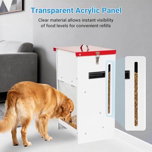 Metal Automatic Dog Feeder - 25LBS Capacity Automatic Gravity Dispenser, Powder Coated & Waterproof for Indoor & Outdoor Use, 12.3" L x 10.5" W x 21.3" H, Red and White - size: 25 Pounds - 1 PC
