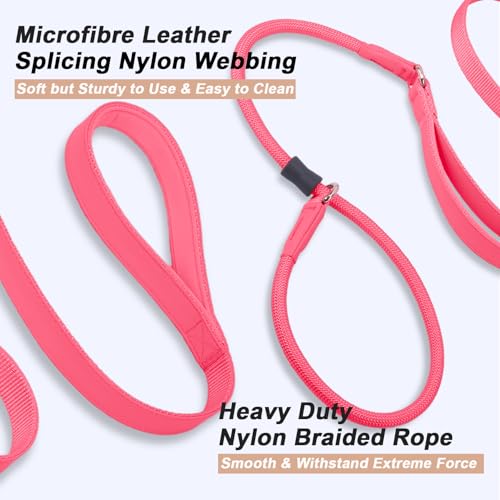 Slip Lead Dog Leash, Dog Training Leash with Double Handle, Soft Leather Slip Leash and Collar, Heavy Duty Nylon Dog Lead, No Pull Walking for Medium Large Small Dogs 6ft Hot Pink - color: Hot Pink, size: 6ft
