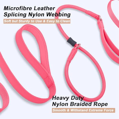 Slip Lead Dog Leash, Dog Training Leash with Double Handle, Soft Leather Slip Leash and Collar, Heavy Duty Nylon Dog Lead, No Pull Walking for Medium Large Small Dogs 6ft Hot Pink - color: Hot Pink, size: 6ft