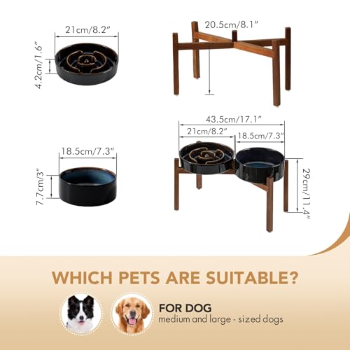 Havniva 1.6 Cup Elevated Slow Feeder Dog Bowls, 8.2” Dog Slow Feeding Bowls + 7.3” Ceramic Dog Water Bowls Set with Acacia Wood Stand Dog Food Bowls Puzzle Feeder for Medium Dogs Non-Slip Anti-choking - color: 2 x Starry Sky + Stand - A, size: L- 8.2inch