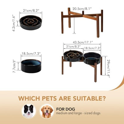 Havniva 1.6 Cup Elevated Slow Feeder Dog Bowls, 8.2” Dog Slow Feeding Bowls + 7.3” Ceramic Dog Water Bowls Set with Acacia Wood Stand Dog Food Bowls Puzzle Feeder for Medium Dogs Non-Slip Anti-choking - color: 2 x Starry Sky + Stand - A, size: L- 8.2inch