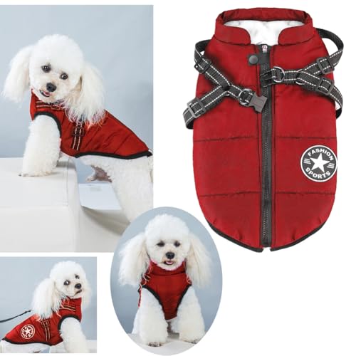 Aiboria Dog Jacket Windproof Warm Pet Fleece Coat Dog Sweater Padded Vest with Chest Strap Harness Red L - color: Red, size: Large