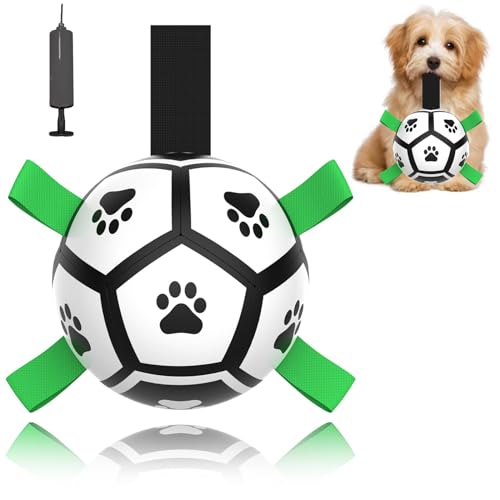Dog Toys Soccer Ball with Straps, Interactive Toys for Tug of War, Puppy Birthday Gifts, Dog Tug Water Toy, Durable Dog Balls for Medium & Large Dogs（5 Inch - color: Green, size: Small Size 1