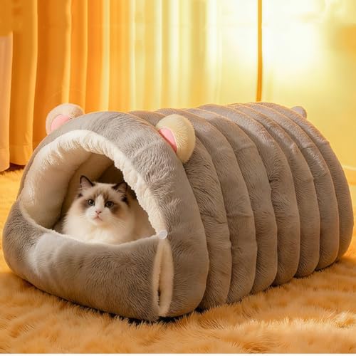 Cat Cave Bed for Indoor Cats, Cute Cat Beds with Removable Cushion, Kawaii Pet Ear-Shaped Cats Tent Beds for Kitten Puppy (Brown, M - 15.7" x13.7") - color: B-Grey, size: M - 15.7" x13.7"