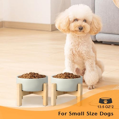 SPUNKYJUNKY Ceramic Elevated Dog Bowls 2 Pack - 5.1inch Raised Dog Bowls with Non-Slip Wooden Stand for Small Dogs Dishwasher Safe(Grey,13.5OZ*2) - color: Grey, size: Small - 1.7 CUPS*2