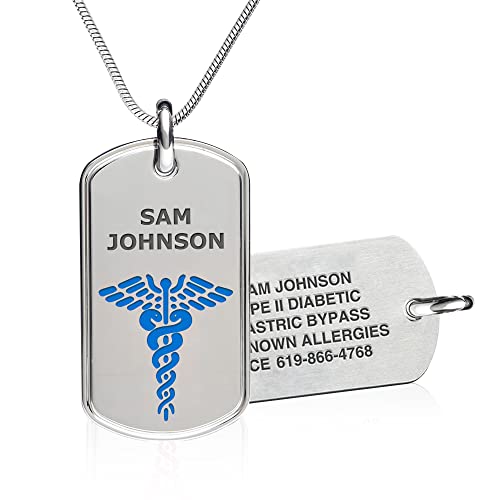 Divoti Custom Laser Engraved Medical Alert Necklace for Men | 28" Ball Chain with Lobster | Personalized Dog Tag ID with Black caduceus | Stainless Steel, Durable Waterproof Design - color: Light Blue, style: 24" Snake Chain