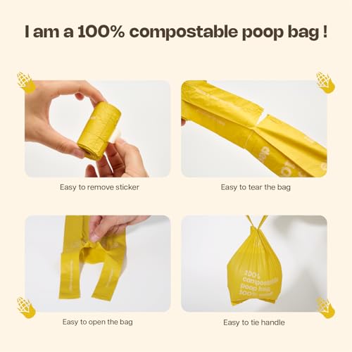 Compostable Dog Poop Bags with Handles 144 Count - Biodegradable Poop Bags for Dogs, Leak Proof, Extra Thick, ASTM D6400 Certified, Unscented - color: Yellow-100% Compostable