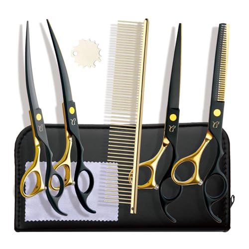 Dog Grooming Scissors,Paint Coated Curved Scissors Thinning Scissors with Safety Round Tips, Sharp and Durable 5 in 1 Dog Scissors for Grooming