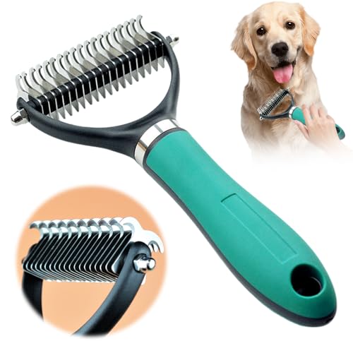 Double-Sided Self-Cleaning Pet Grooming Brush,2026 New Ergonomic Undercoat Rake,Gentle Detangler Brush for Long Thick Pet Hair,Professional Grooming Tool (Green-19Teeth/19Teeth) - color: Green-19Teeth/19Teeth