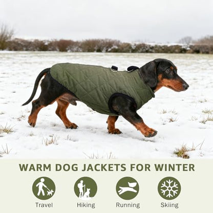 SCENEREAL Dachshund Winter Dog Vest Coat with Harness Built in, Warm Puppy Jacket for Small Medium Dogs, Cold Weather Coat with Zipper, Fleece Puffer Vest Windproof Snow Clothes - color: #1 Olive-Matte, size: S(Chest 14.1")-Dachshund