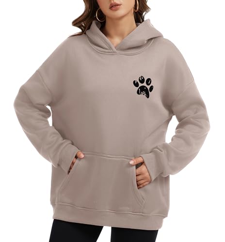 Womens Dog Paw Hoodie-Long Sleeve Pullover Fleece Lined Dog Mom Sweatshirts with Pocket - color: B-grey Brown, size: Small