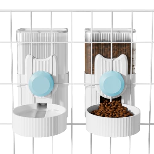 Hanging Cage Automatic Small Pet Food Bowl Water Bottle Dispenser, 1L Auto Gravity Pet Feeder and Waterer Set Kennel Feeding Station Crate Feeder Dish for Rabbit Puppy Cats Ferret (Blue) - color: Blue