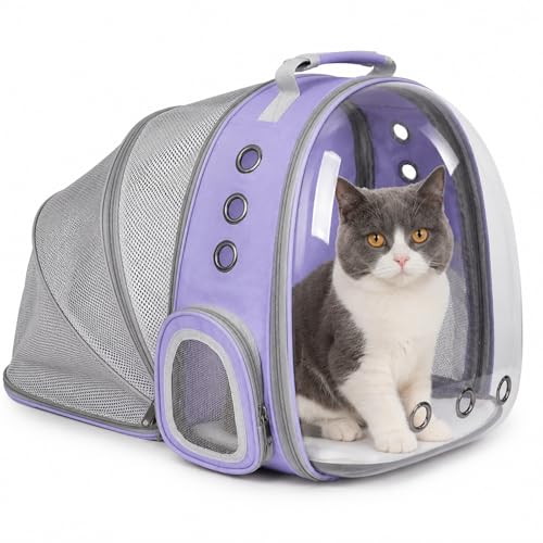 Expandable Cat Backpack Carrier, Breathable Clear Bubble Window Pet Carrier for Small Dogs and Cats up to 12 lbs, Airline Approved Travel Bag for Hiking and Outdoor Use (Back Expandable-Purple) - color: Purple