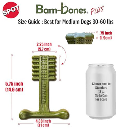 SPOT Bam-Bones Plus Toothbrush Dog Chew Toy for Medium Dogs 30-60 lbs, Bamboo & Nylon Dental Chew with Mint & Baking Soda, T-Bone Shape for Moderate to Heavy Chewers, 6 Inch - size: 6 Inch (Pack of 1)