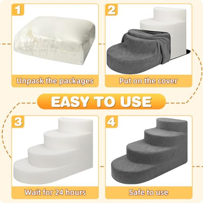 Dog Stairs 4 Steps Foam Pet Ramp for Small Dogs Cats, Grey | Non-slip foam stairs with washable cover, ideal for beds & sofas. Sturdy, safe & easy to clean. - color: Gray-4-Step