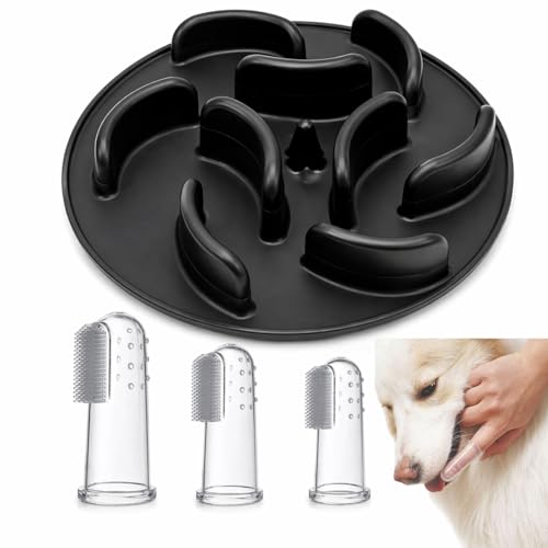 Slow Feeder Dog Bowl Insert – Silicone Anti-Choke Design with Suction Cups | Fits Most Bowls | Includes 3 Finger Toothbrushes for Pet Dental Care | Blue, Pink, Black - color: Black