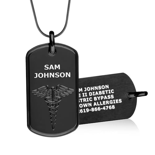 Divoti Custom Laser Engraved Medical Alert Necklace for Men | 28" Ball Chain with Lobster | Personalized Dog Tag ID with Black caduceus | Stainless Steel, Durable Waterproof Design - color: PVD Black, style: 24" Snake Chain