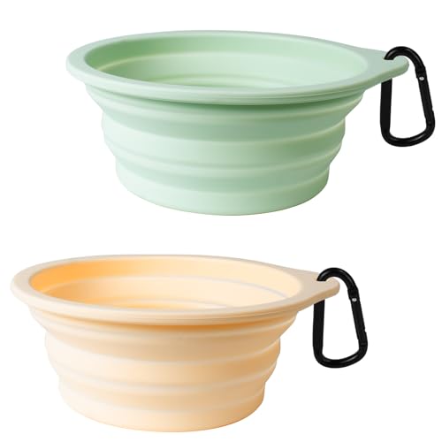 PetBonus 2-Pack Silicone Collapsible Dog Bowls, BPA Free Dishwasher Safe, Portable Foldable Expandable Travel Bowl, Food Water Feeding Cup Dish for Dogs Cats with 2 Carabiners(Light Mint,Beige Cream - color: Light Mint, Beige Cream, size: 20 Oz