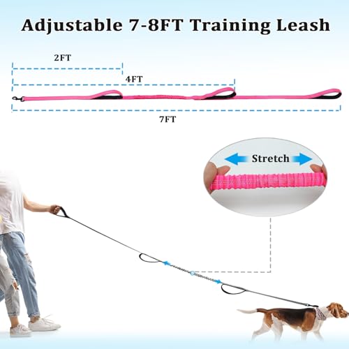 WYuZe 3 Handle Dog Leash for Large Dogs 7FT Nylon Bungee Dog Training Leash | Reflective Heavy Duty Traffic Leash with Shock Absorbing Triple Padded Handle, for Medium Dog Control No Pull Walking Hiking - color: Pink