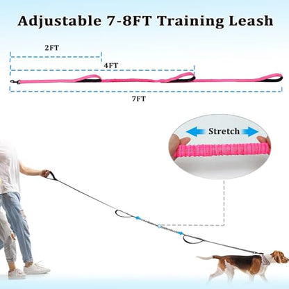 WYuZe 3 Handle Dog Leash for Medium Large Dogs 7FT Bungee Traffic Dog Leash | Reflective Heavy Duty Nylon Training Leash Shock Absorbing Triple Padded Handle No Pull Control Walking (7FT, Pink) - color: Pink